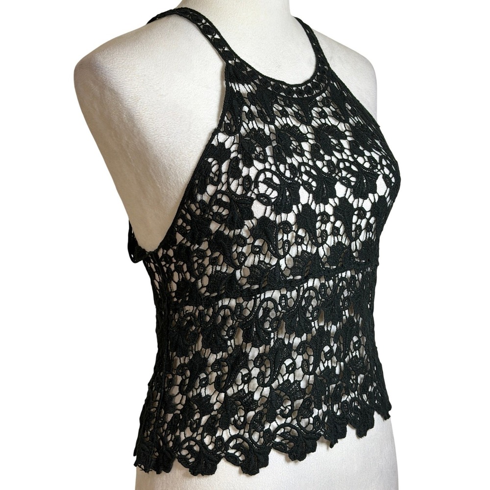 Black Crochet Lace Boho Halter Top Womens S Festival Goth Sheer Guipure Floral - Picture 4 of 11